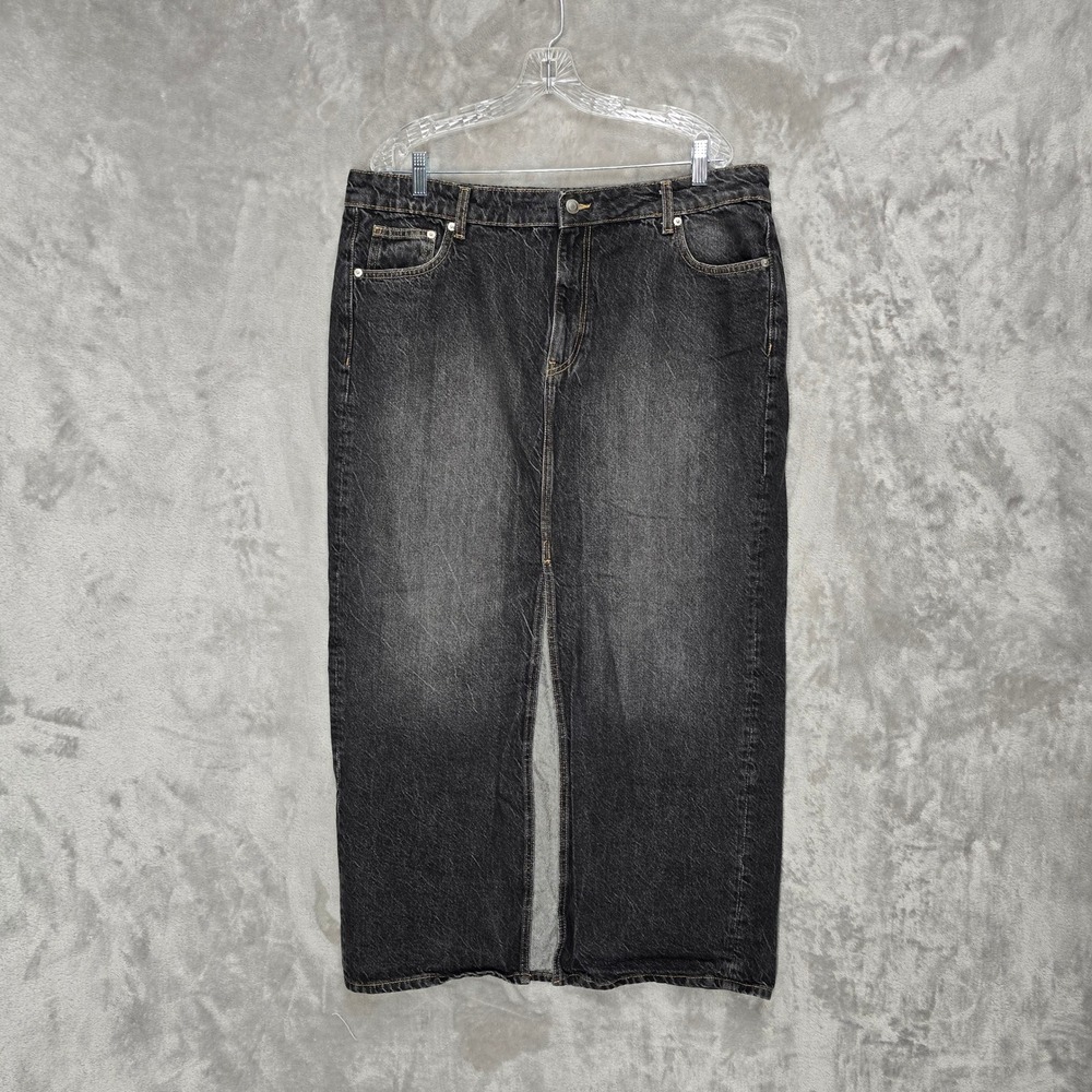 HM Womens Dark Wash Denim Maxi Skirt Front Slit Cotton Size 18 Grunge Y2K Edgy‎